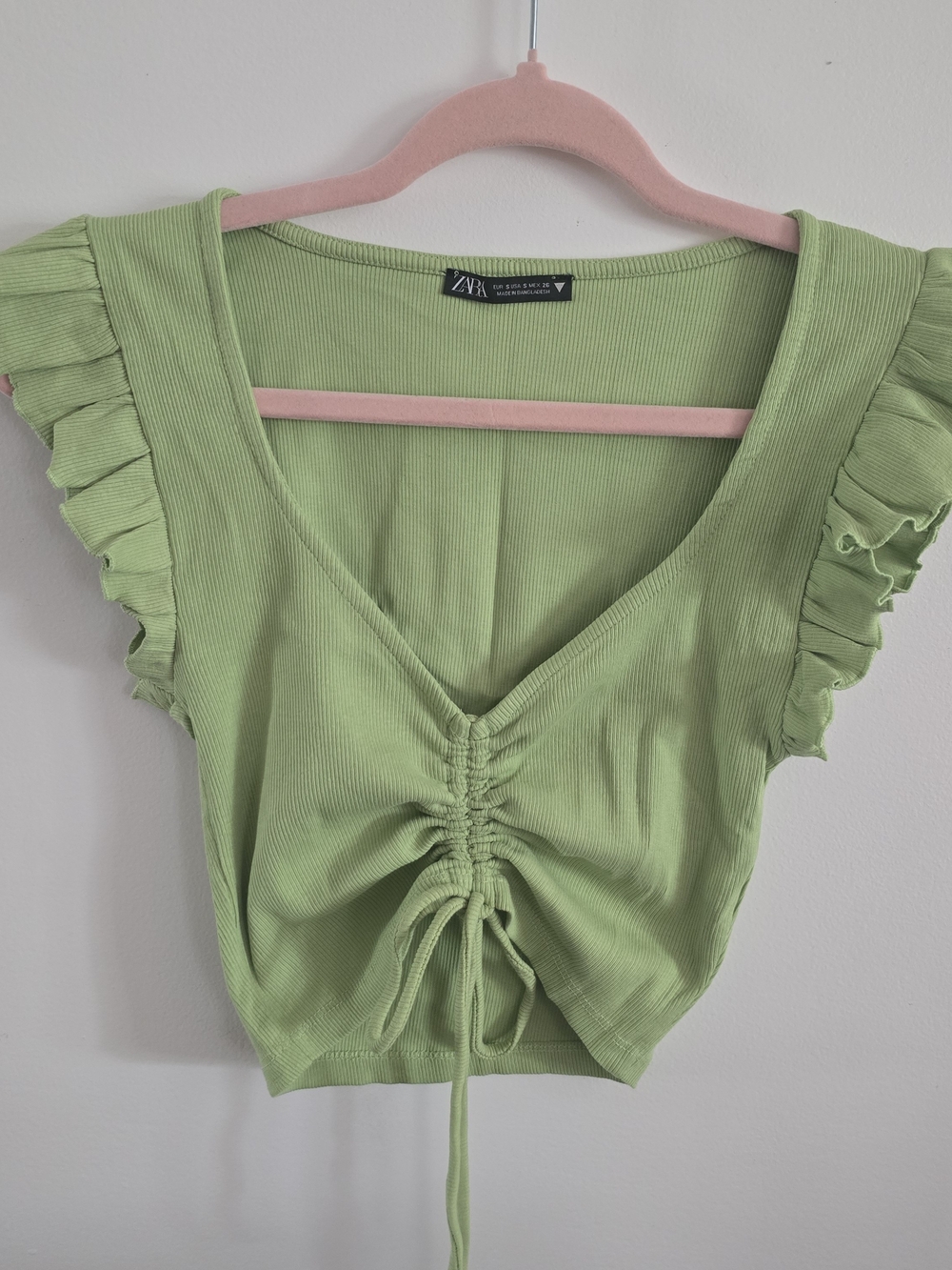 ZARA Lime Green Ribbed Ruffle Sleeve Crop Top Small S Ruched Drawstring V-Neck - Picture 2 of 8
